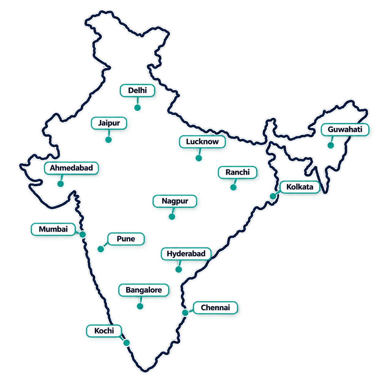 Map of India with Five9 Media campaign markets: Delhi, Jaipur, Lucknow, Guwahati, Ahmedabad, Ranchi, Kolkata, Nagpur, Mumbai, Pune, Hyderabad, Bangalore, Chennai, Kochi